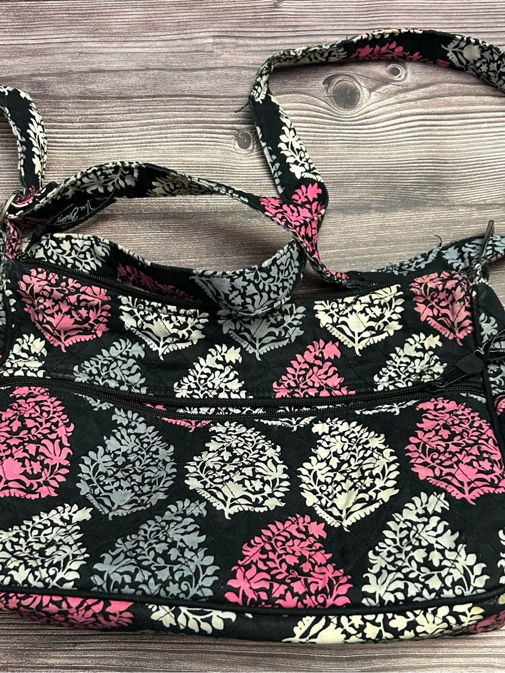Vera Bradley Black Crossbody with Pink and Gray Floral Medallions
